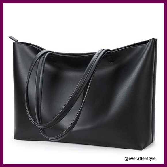 Faux Leather Tote Bag Zipper Shoulder Satchel Minimalist Chic Work Casual - Picture 2 of 7